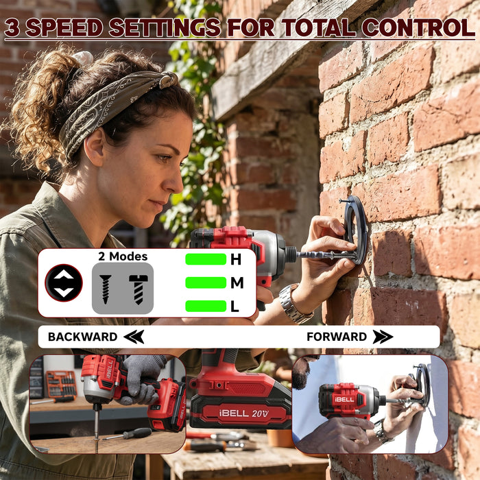 iBELL IBL BD20-22 20V Brushless Cordless Impact Screwdriver Impact Driver | 220Nm High Torque | 3-Speed Control | 2 Mode Impact Driver | 1/4" Hex Chuck | Professional Power Tool | 12 Months Warranty