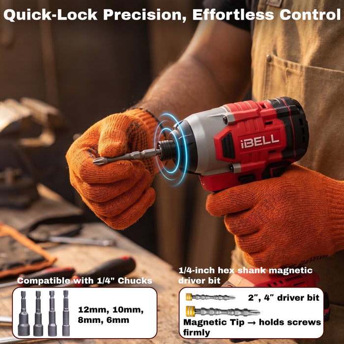 iBELL IBL BD20-22 20V Brushless Cordless Impact Screwdriver Impact Driver | 220Nm High Torque | 3-Speed Control | 2 Mode Impact Driver | 1/4" Hex Chuck | Professional Power Tool | 12 Months Warranty