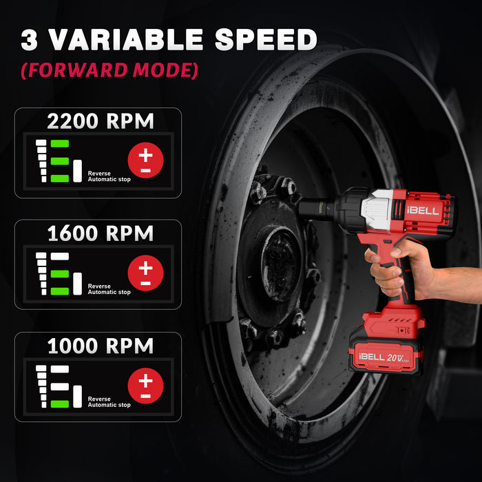 iBell BW1000 20V Max Cordless Impact Wrench Brushless|1000Nm|3/4" (19mm) Tool Holder|3-Speed(1000/1600/2200 RPM)|4.0Ah Li-ion Battery & Charger|Heavy-Duty for Automotive & Industrial Use