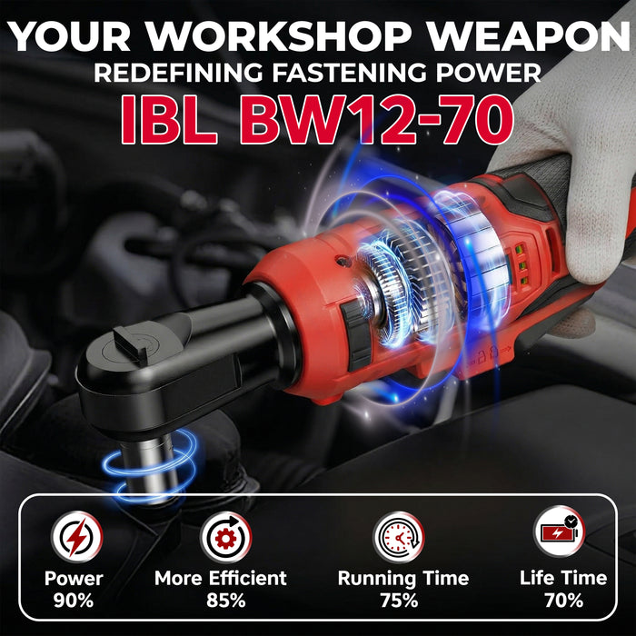 IBELL BW12-70 Cordless Ratchet Wrench Kit, 12V Brushless, 3/8" (9.5mm) Output Shaft, 70 Nm Torque, 0–200 RPM Variable Speed, Forward & Reverse, 1500mAh Battery, Includes Sockets, 12 Months Warranty