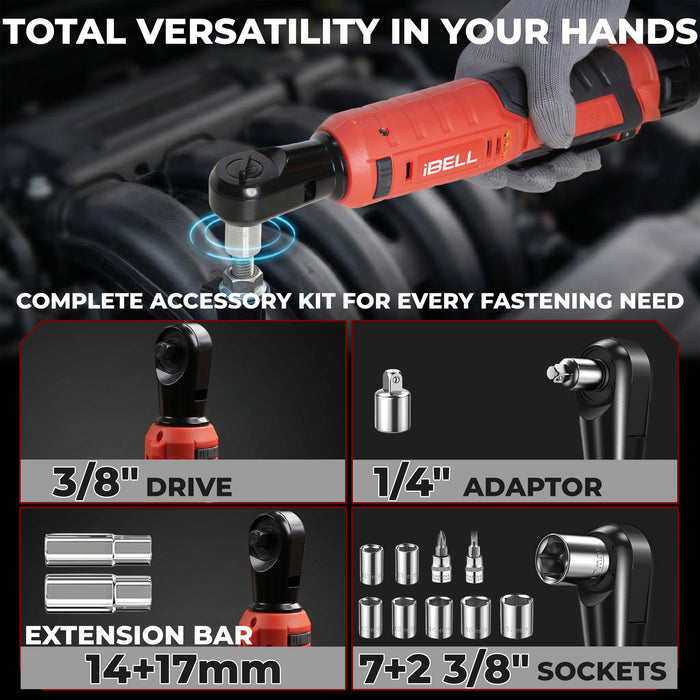 IBELL BW12-70 Cordless Ratchet Wrench Kit, 12V Brushless, 3/8" (9.5mm) Output Shaft, 70 Nm Torque, 0–200 RPM Variable Speed, Forward & Reverse, 1500mAh Battery, Includes Sockets, 12 Months Warranty