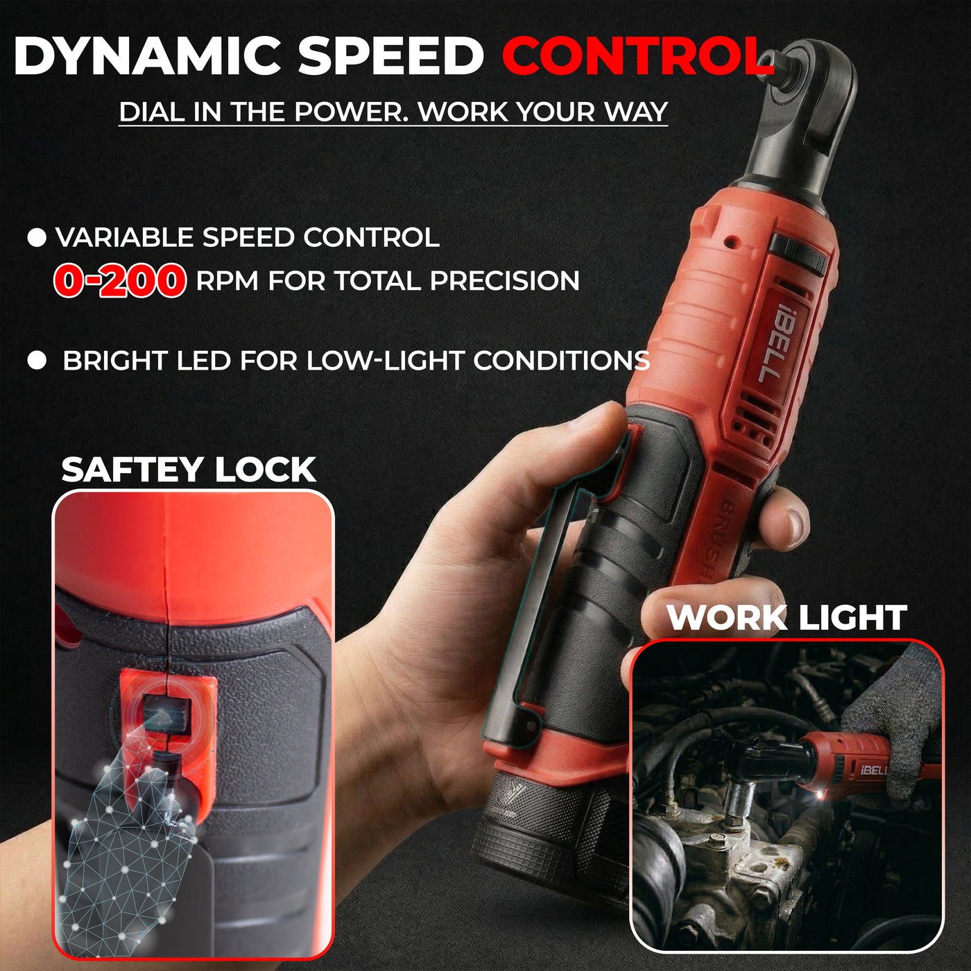 IBELL BW12-70 Cordless Ratchet Wrench Kit, 12V Brushless, 3/8