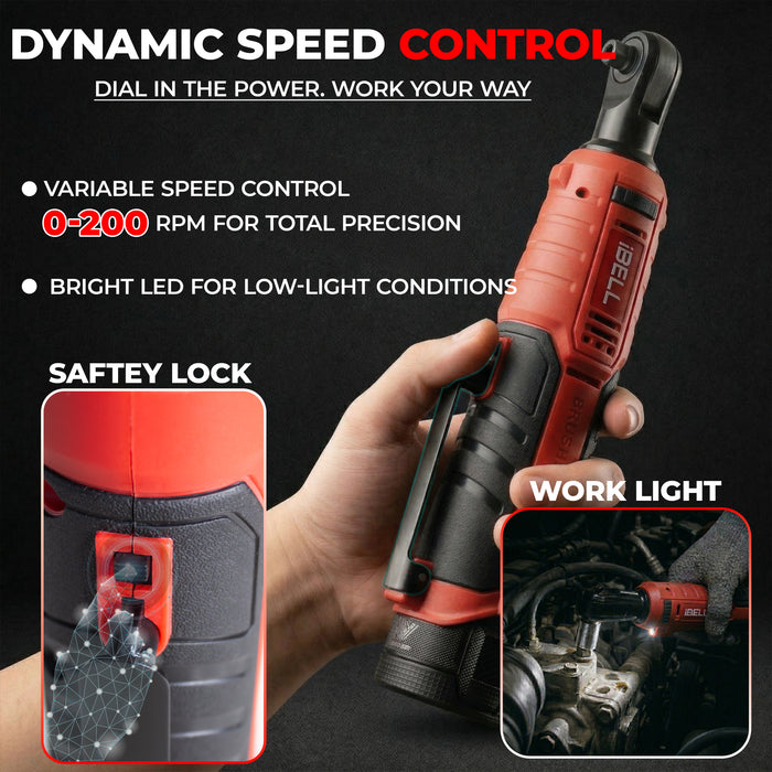 IBELL BW12-70 Cordless Ratchet Wrench Kit, 12V Brushless, 3/8" (9.5mm) Output Shaft, 70 Nm Torque, 0–200 RPM Variable Speed, Forward & Reverse, 1500mAh Battery, Includes Sockets, 12 Months Warranty