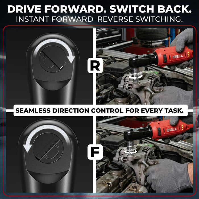 IBELL BW12-70 Cordless Ratchet Wrench Kit, 12V Brushless, 3/8" (9.5mm) Output Shaft, 70 Nm Torque, 0–200 RPM Variable Speed, Forward & Reverse, 1500mAh Battery, Includes Sockets, 12 Months Warranty