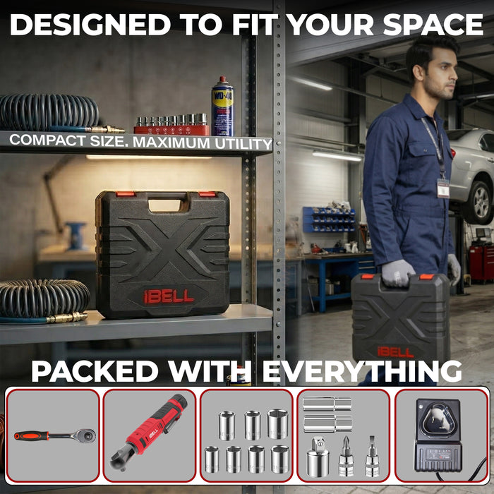 IBELL BW12-70 Cordless Ratchet Wrench Kit, 12V Brushless, 3/8" (9.5mm) Output Shaft, 70 Nm Torque, 0–200 RPM Variable Speed, Forward & Reverse, 1500mAh Battery, Includes Sockets, 12 Months Warranty