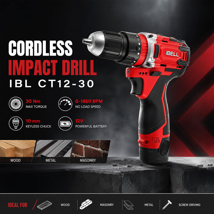 iBELL CT12-30 Cordless Impact Drill Tool Kit with 101 Home Essential Tools | 12V Li-ion Drill | 30Nm Torque | 2-Speed | 10mm Chuck | Compact Lightweight DIY Drill | 6 Months Warranty