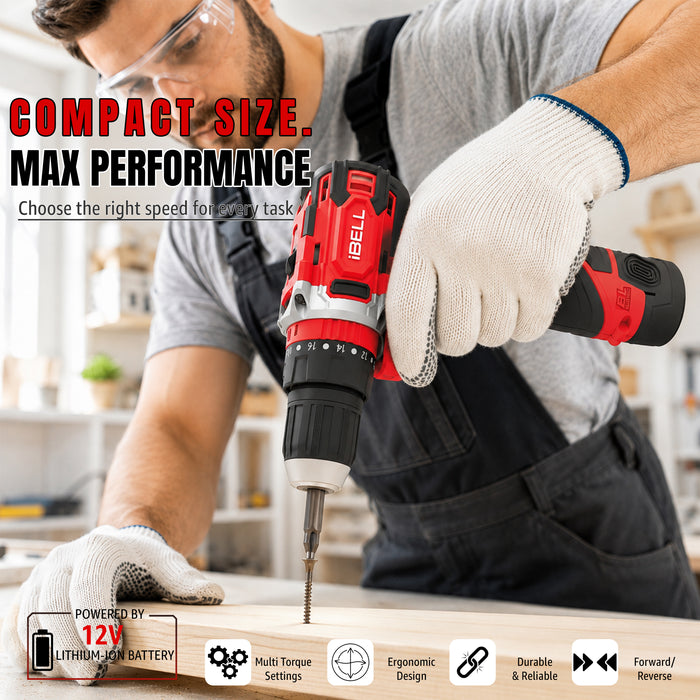 iBELL CT12-30 Cordless Impact Drill Tool Kit with 101 Home Essential Tools | 12V Li-ion Drill | 30Nm Torque | 2-Speed | 10mm Chuck | Compact Lightweight DIY Drill | 6 Months Warranty