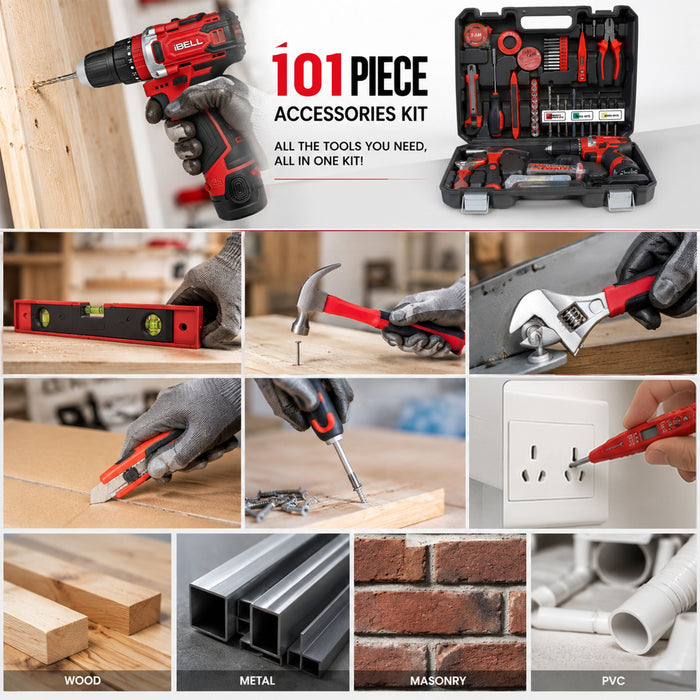 iBELL CT12-30 Cordless Impact Drill Tool Kit with 101 Home Essential Tools | 12V Li-ion Drill | 30Nm Torque | 2-Speed | 10mm Chuck | Compact Lightweight DIY Drill | 6 Months Warranty