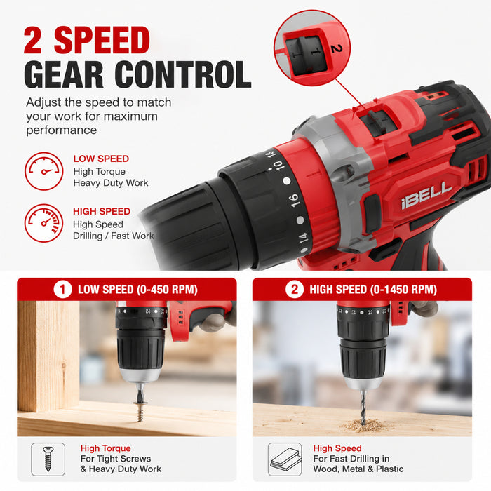 iBELL CT12-30 Cordless Impact Drill Tool Kit with 101 Home Essential Tools | 12V Li-ion Drill | 30Nm Torque | 2-Speed | 10mm Chuck | Compact Lightweight DIY Drill | 6 Months Warranty