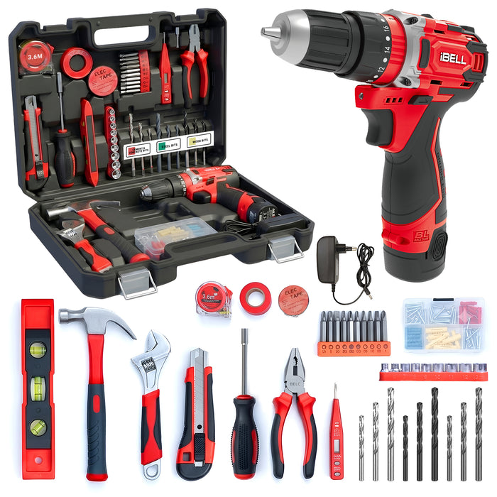 iBELL CT12-30 Cordless Impact Drill Tool Kit with 101 Home Essential Tools | 12V Li-ion Drill | 30Nm Torque | 2-Speed | 10mm Chuck | Compact Lightweight DIY Drill | 6 Months Warranty