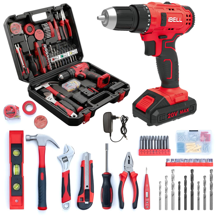 iBELL CT20-38 Cordless Impact Drill Tool Kit with 101 Home Tools | 20V Li-ion Drill | 38Nm Torque | 0–27,000 IPM | 2-Speed | 10mm Chuck | Compact & Lightweight | 6-Month Warranty