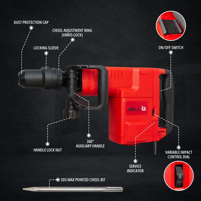 iBELL Demolition Hammer, IBL DH45-66,1500W,900-1890 RPM,220V,50 HZ,11 KG with 6 Months Warranty.