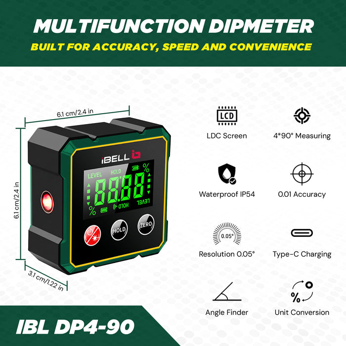 iBELL IBL DP4-90 Digital Dip Meter | 360° Angle Measurement | 0.05° Resolution | ±0.2° Accuracy | LCD Auto-Rotating Display | Magnetic Base | Type-C Rechargeable | IP54 Rated | Professional Inclinometer Tool
