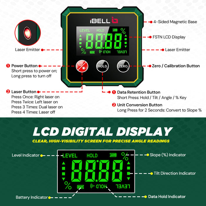 iBELL IBL DP4-90 Digital Dip Meter | 360° Angle Measurement | 0.05° Resolution | ±0.2° Accuracy | LCD Auto-Rotating Display | Magnetic Base | Type-C Rechargeable | IP54 Rated | Professional Inclinometer Tool