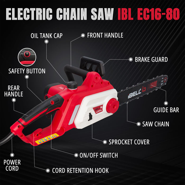 iBELL Electric Chainsaw IBL EC16-80, 2400W Motor, 16” (400mm) Guide Bar, High-Speed 8000 RPM, Corded with Low Vibration, Ergonomic Design, Heavy-Duty Wood Cutting & Pruning Tool – 1 Year Warranty