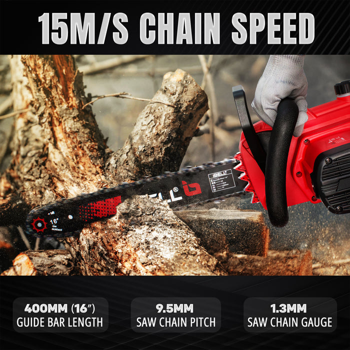 iBELL Electric Chainsaw IBL EC16-80, 2400W Motor, 16” (400mm) Guide Bar, High-Speed 8000 RPM, Corded with Low Vibration, Ergonomic Design, Heavy-Duty Wood Cutting & Pruning Tool – 1 Year Warranty