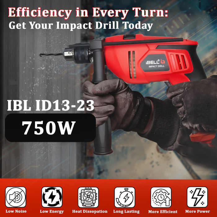 IBELL IBL ID13-23 Impact Drill 750W | 13mm Chuck | 0-2300 RPM Variable Speed | Copper Armature | Forward/Reverse | 2 Mode Drill & Hammer Drill for Wood, Concrete & Metal | Electric Drill