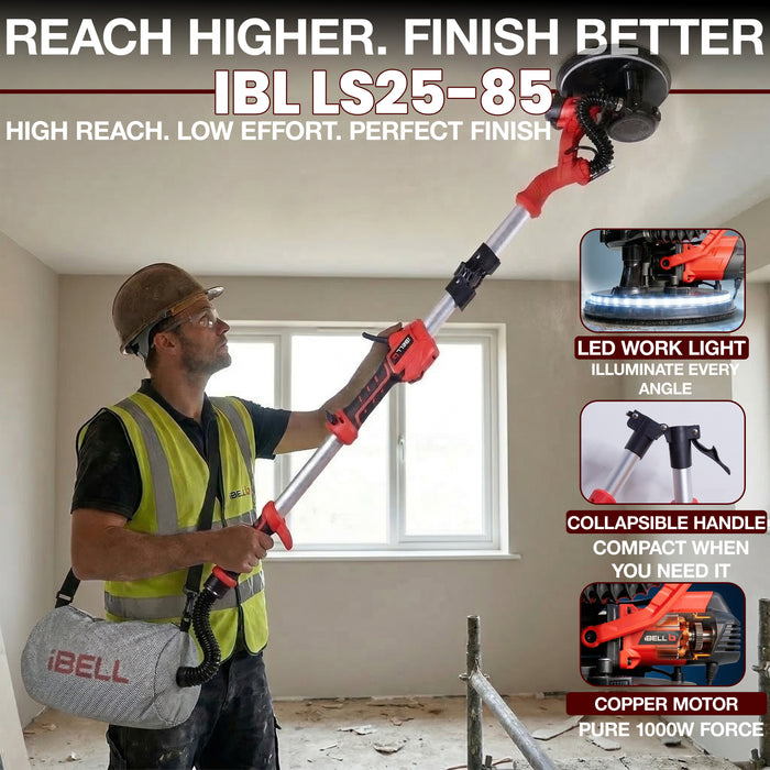 iBELL IBL LS25-85 Drywall Sander Long Handle 9"/215mm, 1000W Wall Sanding Machine with Auto Dust Vacuum System, Foldable & Extendable Handle, 900-1800 RPM Variable Speed Ceiling Sander - 6 Months Warranty