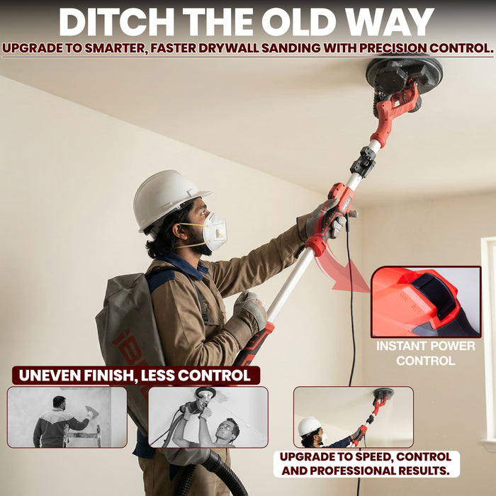 iBELL IBL LS25-85 Drywall Sander Long Handle 9"/215mm, 1000W Wall Sanding Machine with Auto Dust Vacuum System, Foldable & Extendable Handle, 900-1800 RPM Variable Speed Ceiling Sander - 6 Months Warranty