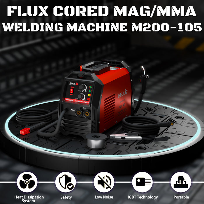 iBELL M200-105 MAG/MMA Welder Flux Cored Wire Gasless AC 220V, 5.0 KvA IGBT Inverter Welder 2 in 1 Flux Core/Solid Wire MAG Welding Machine - 1 Year Warranty