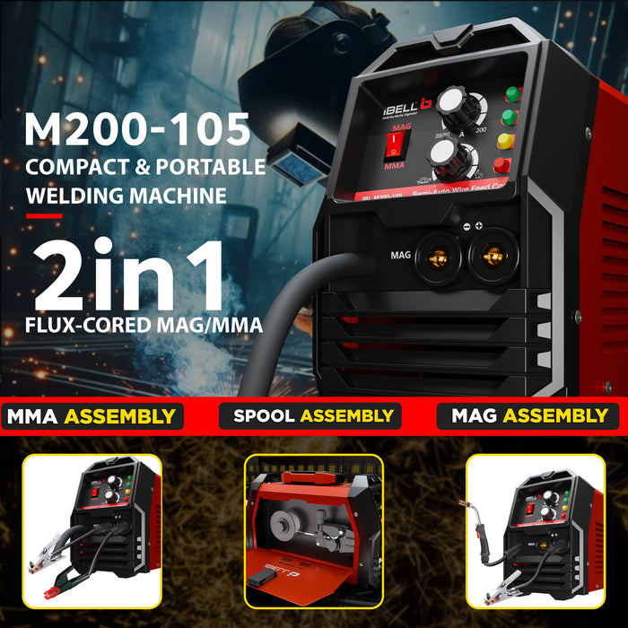 iBELL M200-105 MAG/MMA Welder Flux Cored Wire Gasless AC 220V, 5.0 KvA IGBT Inverter Welder 2 in 1 Flux Core/Solid Wire MAG Welding Machine - 1 Year Warranty