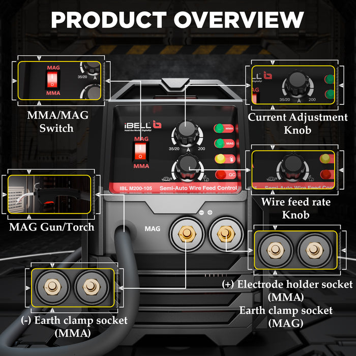 iBELL M200-105 MAG/MMA Welder Flux Cored Wire Gasless AC 220V, 5.0 KvA IGBT Inverter Welder 2 in 1 Flux Core/Solid Wire MAG Welding Machine - 1 Year Warranty