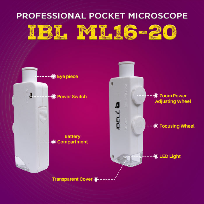 iBELL Professional Pocket Microscope IBL-ML16-20, 160X–200X Magnification with LED Light, ABS Body, Compact Handheld Microscope for Inspection and Education