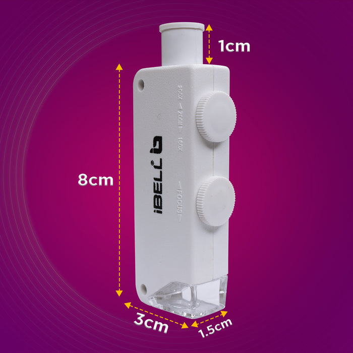 iBELL Professional Pocket Microscope IBL-ML16-20, 160X–200X Magnification with LED Light, ABS Body, Compact Handheld Microscope for Inspection and Education