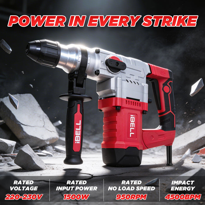 iBELL IBL RH32-50 Rotary Hammer Drill  1500W  Concrete Drilling Machine |SDS Plus 32mm| 950 RPM 4500 BPM Heavy Duty Hammer Drill | 3 Mode Drilling, Hammer Drilling & Chiselling Tool