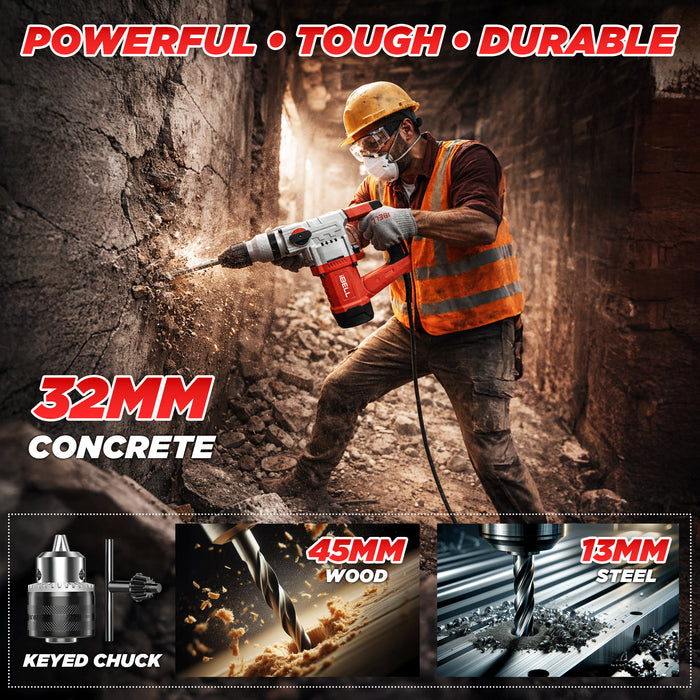 iBELL IBL RH32-50 Rotary Hammer Drill  1500W  Concrete Drilling Machine |SDS Plus 32mm| 950 RPM 4500 BPM Heavy Duty Hammer Drill | 3 Mode Drilling, Hammer Drilling & Chiselling Tool