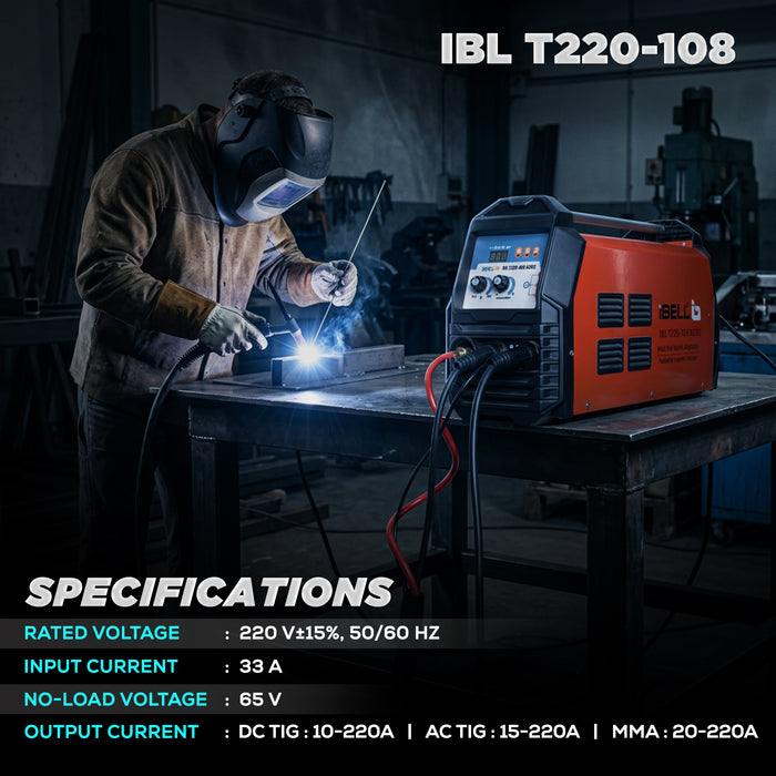 iBELL AC/DC TIG-MMA Inverter Welding Machine T220-108, 220A, 220V, IGBT, Anti Stick, with 10nos Tungsten Rods & All Accessories Included - 1 Year Warranty
