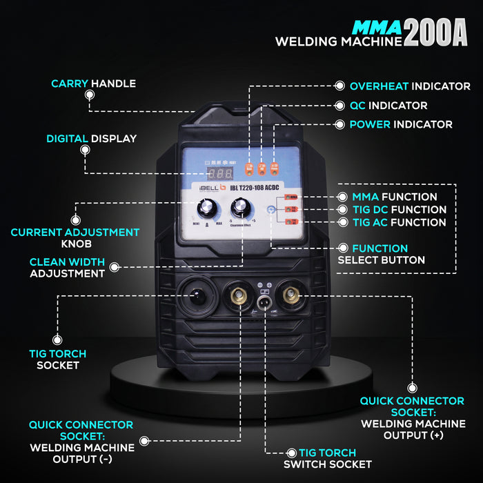 iBELL AC/DC TIG-MMA Inverter Welding Machine T220-108, 220A, 220V, IGBT, Anti Stick, with 10nos Tungsten Rods & All Accessories Included - 1 Year Warranty
