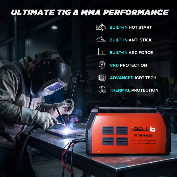 iBELL AC/DC TIG-MMA Inverter Welding Machine T220-108, 220A, 220V, IGBT, Anti Stick, with 10nos Tungsten Rods & All Accessories Included - 1 Year Warranty