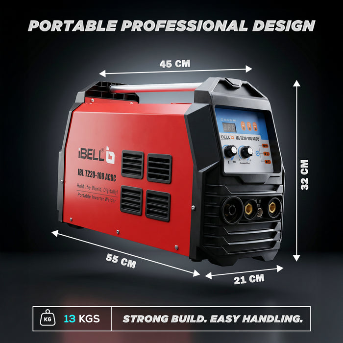 iBELL AC/DC TIG-MMA Inverter Welding Machine T220-108, 220A, 220V, IGBT, Anti Stick, with 10nos Tungsten Rods & All Accessories Included - 1 Year Warranty