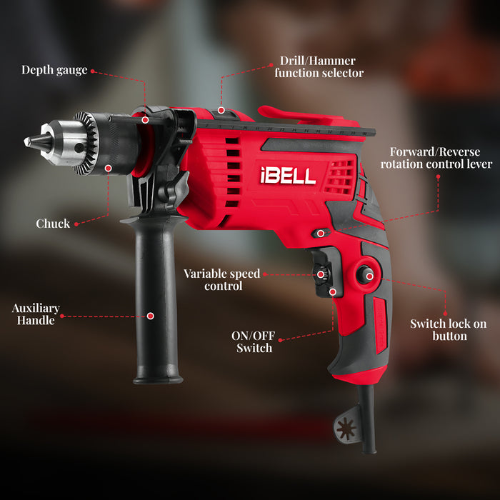 IBELL Impact Drill (Manual chuck), 650W, Copper Armature, Chuck 13mm, 2800 RPM, 2 mode selector, Forward/Reverse with variable speed