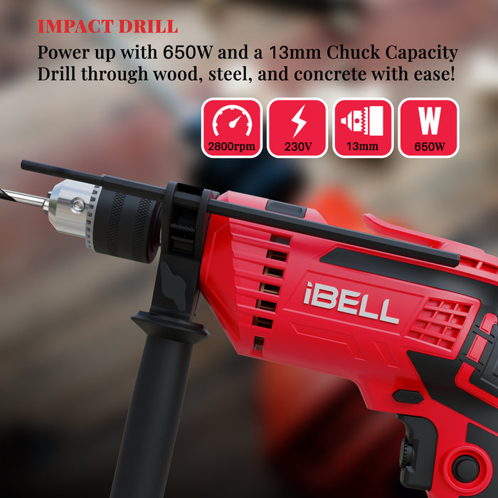 IBELL Impact Drill (Manual chuck), 650W, Copper Armature, Chuck 13mm, 2800 RPM, 2 mode selector, Forward/Reverse with variable speed