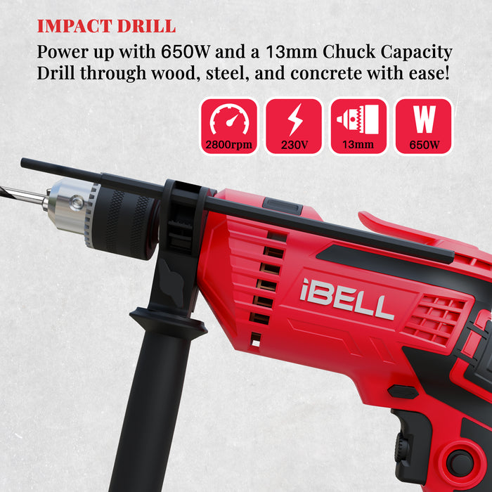 IBELL Impact Drill ID13-75, 650W, Copper Armature, Chuck 13mm, 2800 RPM, 2 mode selector, Forward/Reverse with variable speed
