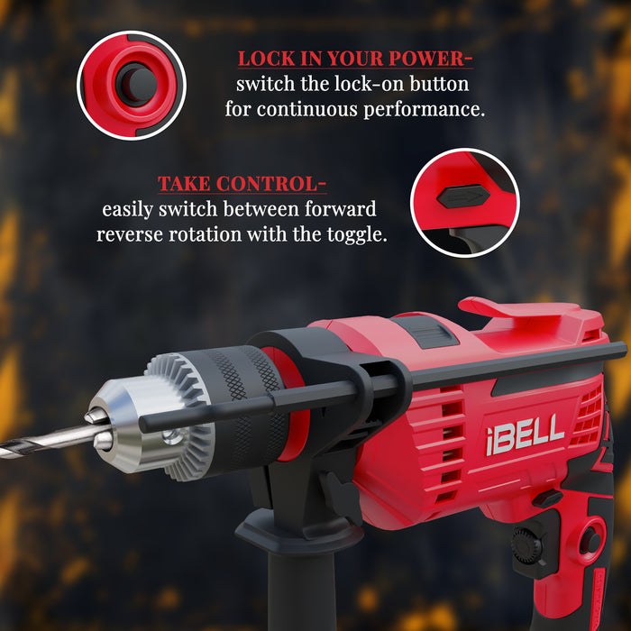 IBELL Impact Drill (Manual chuck), 650W, Copper Armature, Chuck 13mm, 2800 RPM, 2 mode selector, Forward/Reverse with variable speed
