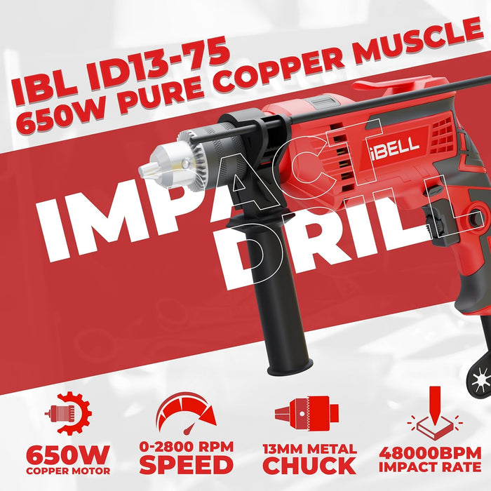 IBELL Impact Drill ID13-75, 650W, Copper Armature, Chuck 13mm, 2800 RPM, 2 mode selector, Forward/Reverse with variable speed 2 Year Warranty