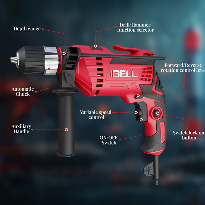 IBELL Impact Drill (Auto chuck), 650W, Copper Armature, Chuck 13mm, 2800 RPM, 2 mode selector, Forward/Reverse with variable speed