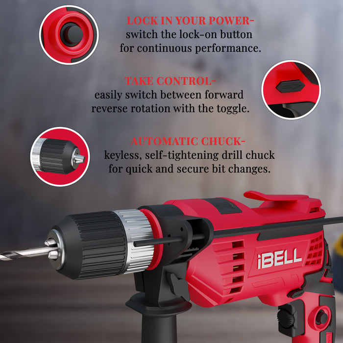 IBELL Impact Drill (Auto chuck), 650W, Copper Armature, Chuck 13mm, 2800 RPM, 2 mode selector, Forward/Reverse with variable speed