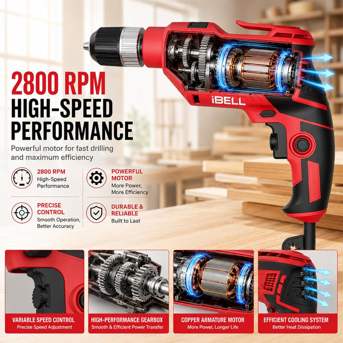 IBELL ID13-80 | 650W Impact Drill Machine | 13mm Keyless Chuck | 2800 RPM | Copper Armature | 2-Speed | 2-Mode | Forward/Reverse | Variable Speed | Drill Bits & Accessories | 24 Months Warranty