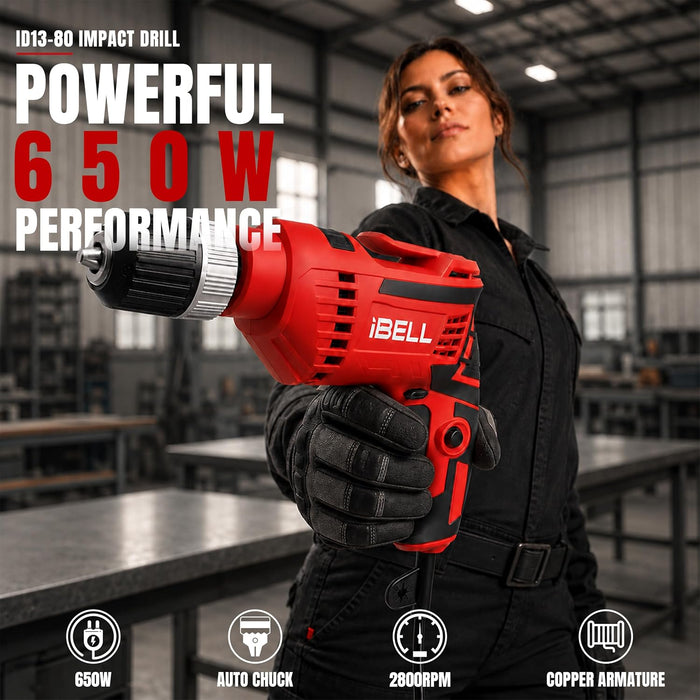 IBELL ID13-80 | 650W Impact Drill Machine | 13mm Keyless Chuck | 2800 RPM | Copper Armature | 2-Speed | 2-Mode | Forward/Reverse | Variable Speed | Drill Bits & Accessories | 24 Months Warranty