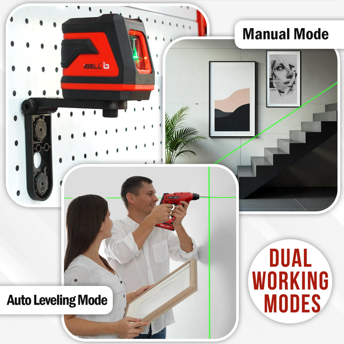 iBELL IBL LL2-40 Professional Green Beam Self-Leveling 40m/131ft 2-Line Laser Level, 1 Horizontal & 1 Vertical, High Precision ±1mm, Pulse Mode, IP54, with 2xAA Batteries for Home, DIY & Professional Use