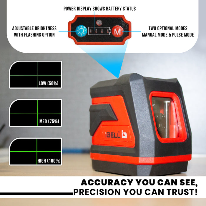 iBELL IBL LL2-40 Professional Green Beam Self-Leveling 40m/131ft 2-Line Laser Level, 1 Horizontal & 1 Vertical, High Precision ±1mm, Pulse Mode, IP54, with 2xAA Batteries for Home, DIY & Professional Use