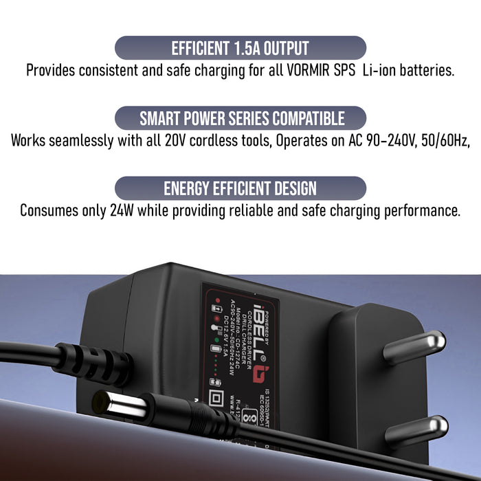 iBELL VORMIR SMART POWER SERIES 12.6V 1.5A Line Charger | 24W Li-ion Battery Charger | Compatible with VORMIR SPS Cordless Tools – VR LXC1C LN