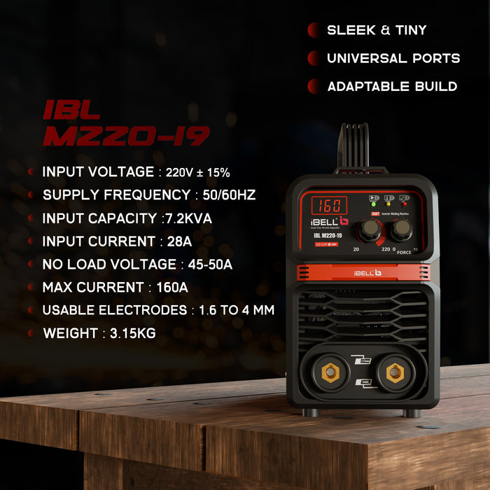 iBELL IBL M220-19 Inverter ARC Welding Machine | 220A, VRD, Anti-Stick, Adjustable Arc Force, IGBT Technology | 220V ±15% | Portable MMA Welder for Home & Industrial Use