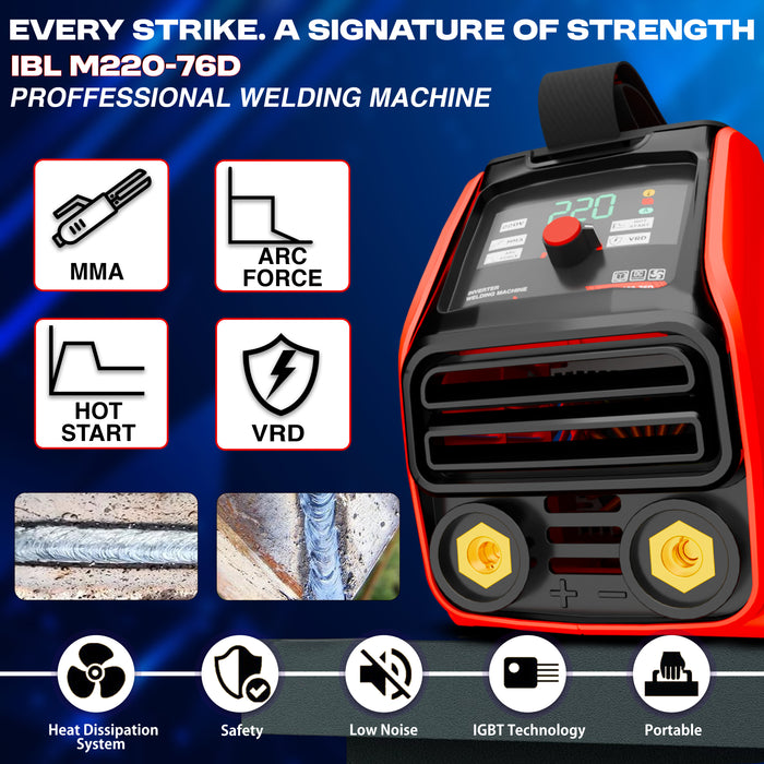 iBELL IBL M220‑76D Inverter ARC Welding Machine 220A | IGBT Technology | PC+ABS Fiber‑Reinforced Body | Adjustable Hot Start, ARC Force & VRD | Anti‑Stick | 1.0–4.0 mm Electrode Support | 2‑Year Warranty