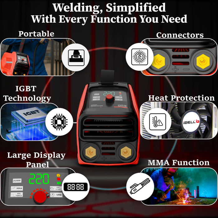 iBELL IBL M220‑76D Inverter ARC Welding Machine 220A | IGBT Technology | PC+ABS Fiber‑Reinforced Body | Adjustable Hot Start, ARC Force & VRD | Anti‑Stick | 1.0–4.0 mm Electrode Support | 2‑Year Warranty
