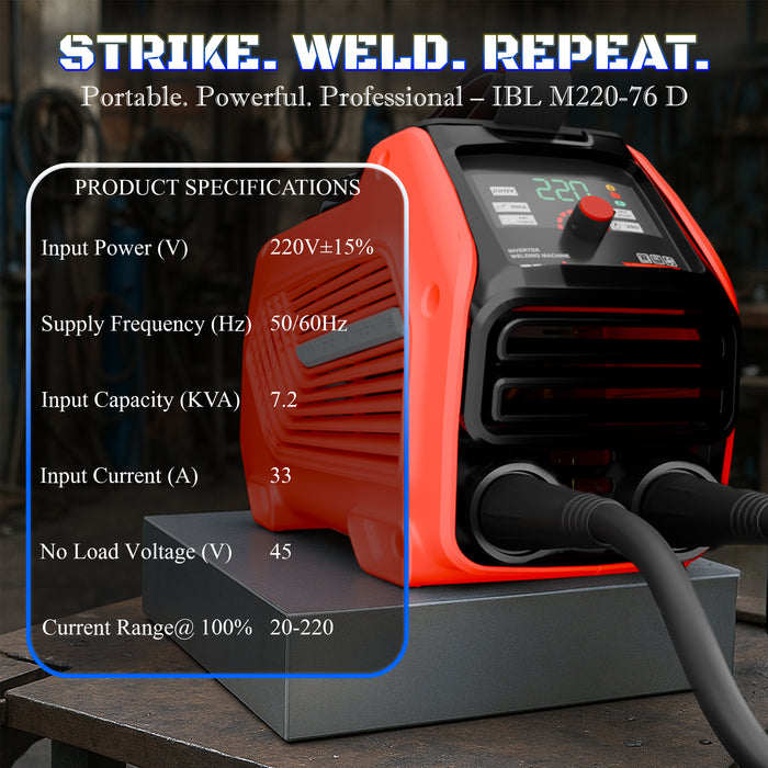 iBELL IBL M220‑76D Inverter ARC Welding Machine 220A | IGBT Technology | PC+ABS Fiber‑Reinforced Body | Adjustable Hot Start, ARC Force & VRD | Anti‑Stick | 1.0–4.0 mm Electrode Support | 2‑Year Warranty